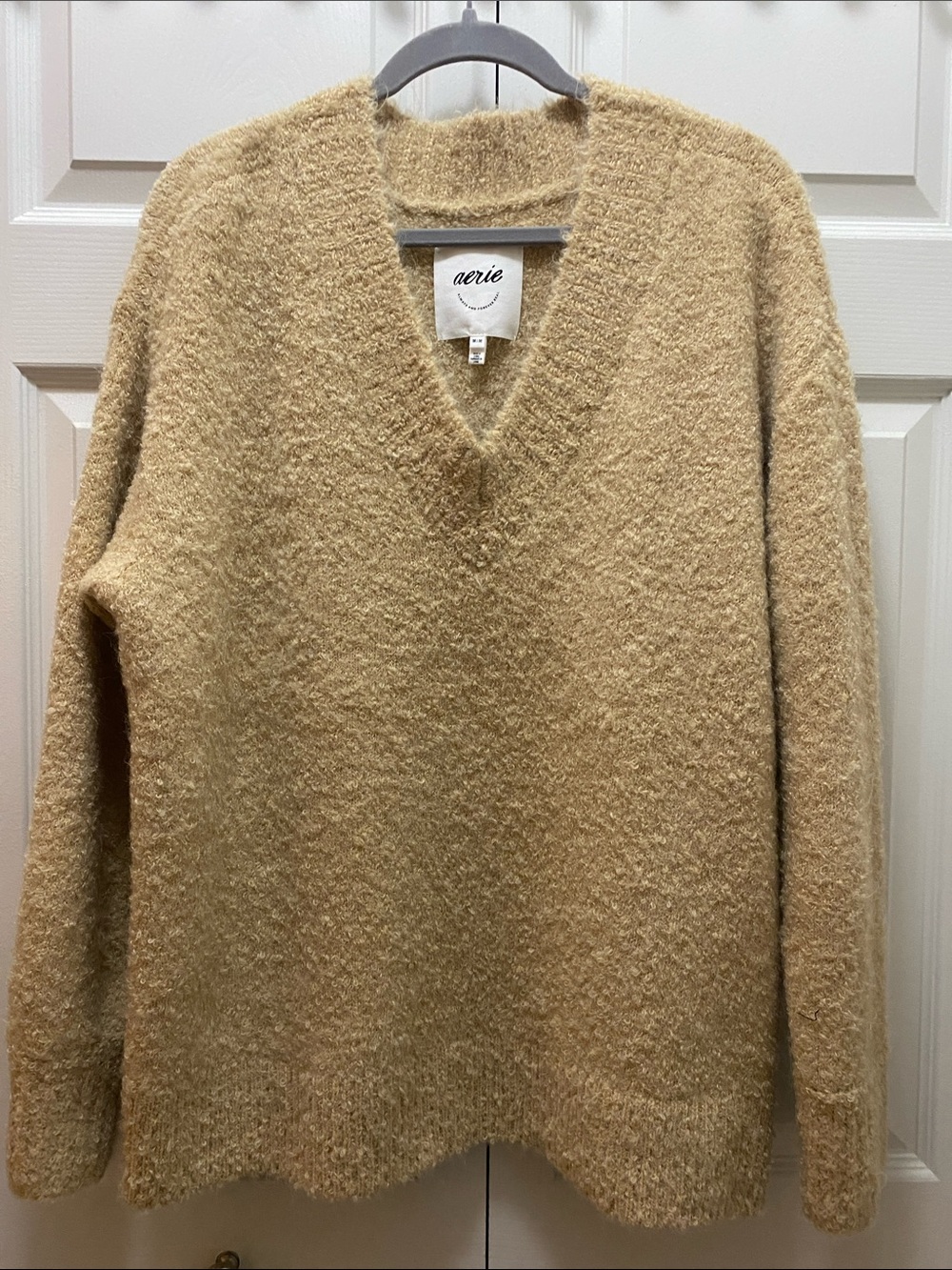 aerie Woman’s Oversized Soft V-Neck Sweater in Tan - Cotton/Wool Blend Size M